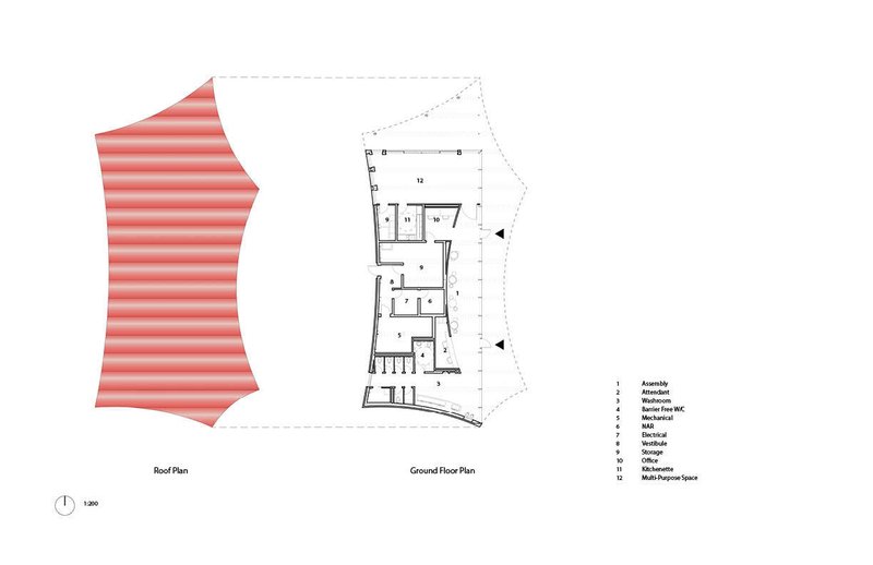 Combined roof plan and ground floor plan drawings showing the undulating canopy and interior room layout