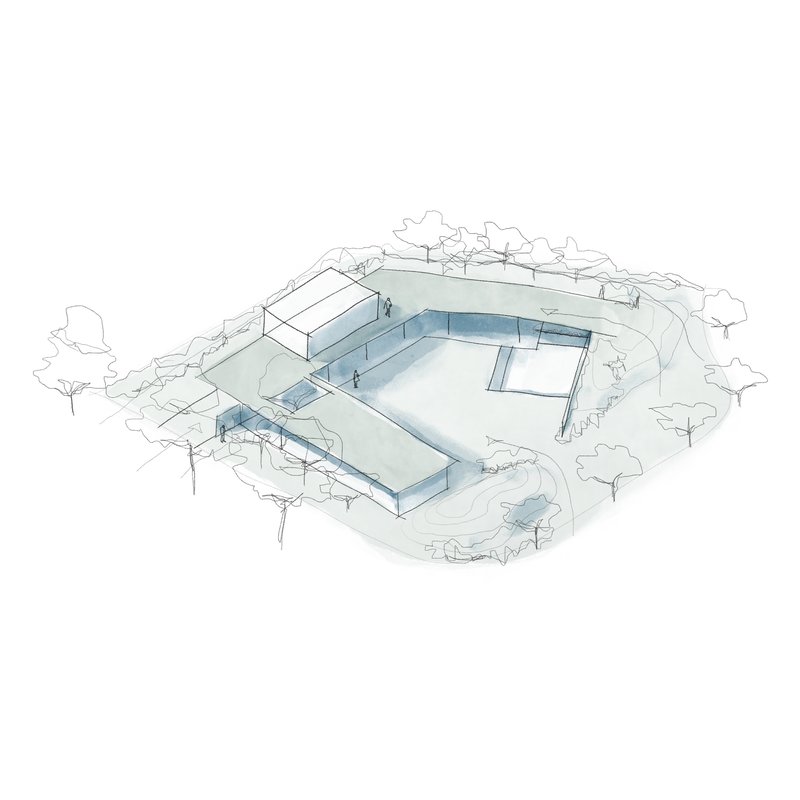 Axonometric drawing showing the courtyard layout with surrounding wings and landscape plantings