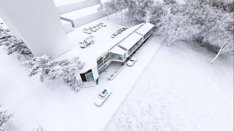 Aerial view showcasing the café's elongated form integrated seamlessly with its urban landscape.