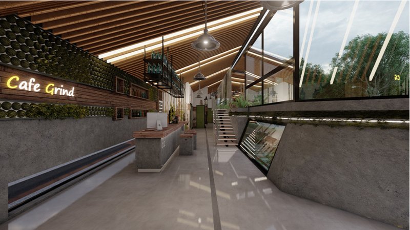 The central café interior blends natural light, greenery, and communal gathering spaces.