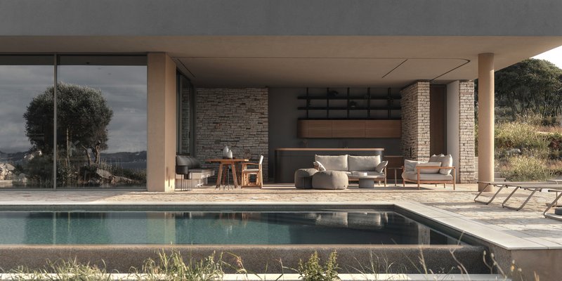 Poolside terrace with cylindrical columns, brick cladding, and wood slat panels under an overcast sky