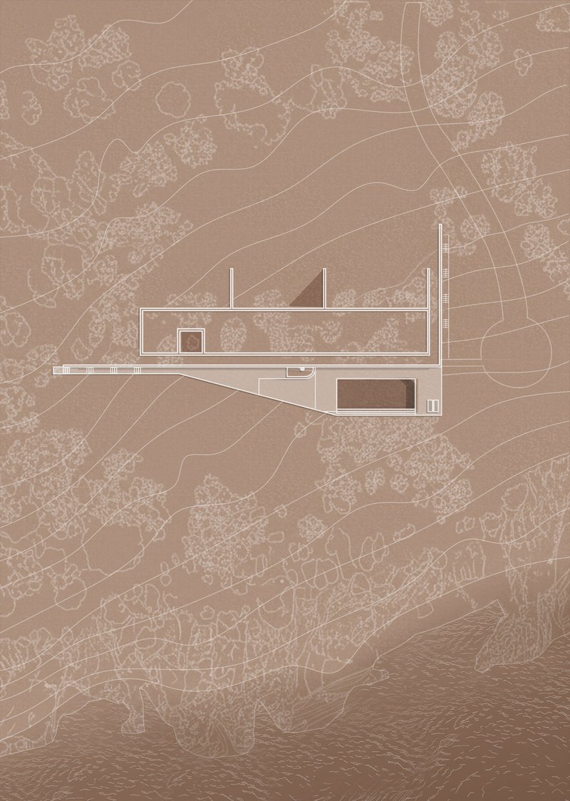 Site plan drawing showing a linear structure embedded in contoured terrain with surrounding vegetation