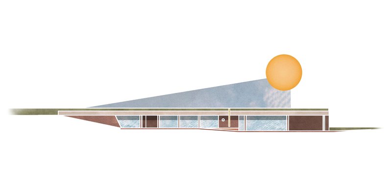 Elevation drawing of a low-slung pavilion with a sweeping roof and glazed openings beneath a graphic sun
