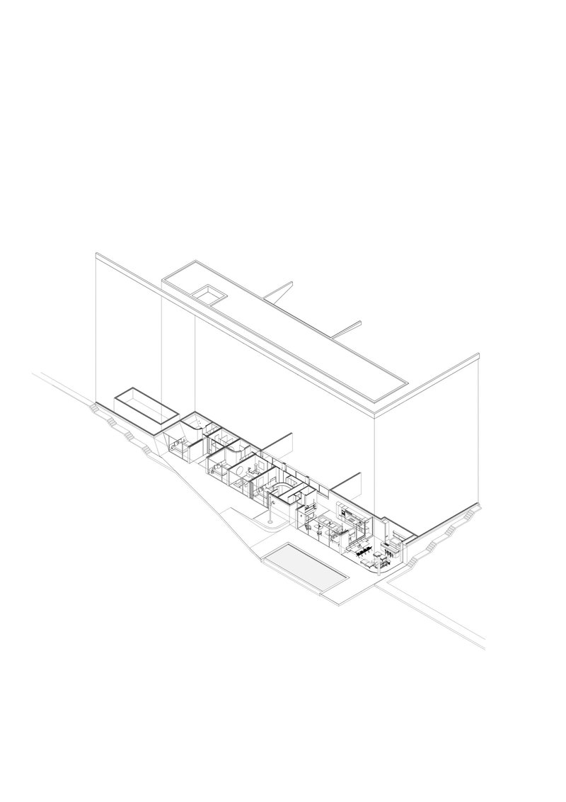 Axonometric drawing showing interior spatial arrangement beneath a sloping roof with skylights