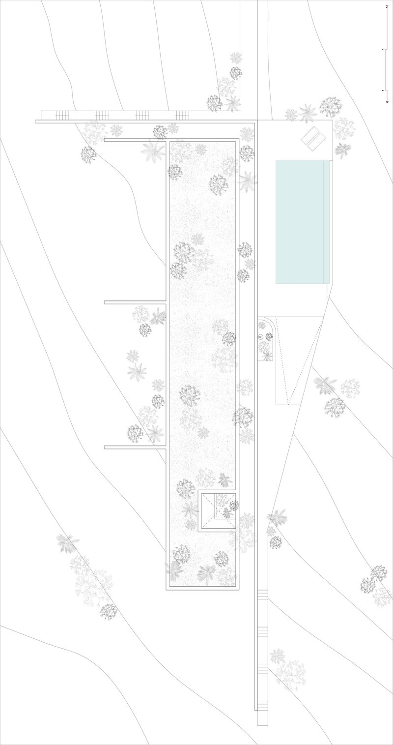 Site plan drawing showing a linear building with swimming pool surrounded by trees and topographic contours