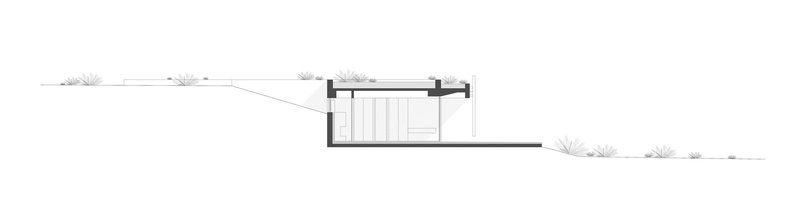 Section drawing showing a pavilion-like structure embedded into sloping ground with sparse plantings