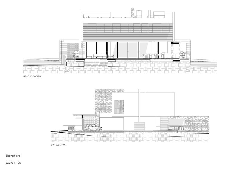 North and east elevation drawings showing horizontal louver systems and glazed openings