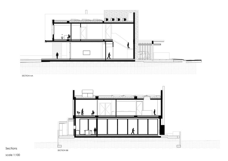 Section drawings showing two-story interior volumes with figures and central courtyard void