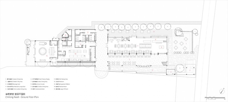Ground floor plan drawing showing dining hall and service spaces with tree symbols along the perimeter