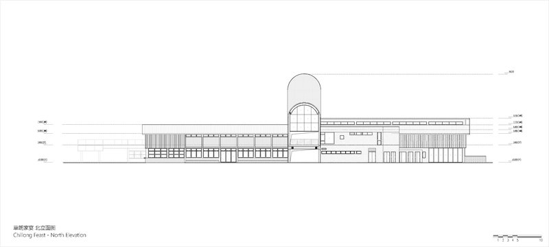 North elevation drawing showing a barrel-vaulted entry volume flanked by low horizontal wings with timber cladding