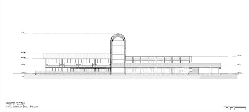 South elevation drawing showing the arched entry tower and horizontal wings with vertical cladding and glazing