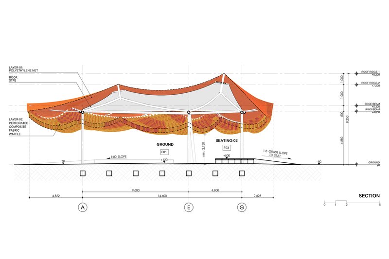 Section drawing showing the layered canopy structure, supporting columns, and seating area below