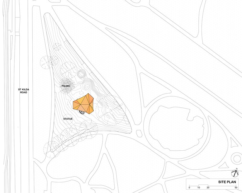 Site plan drawing showing the pavilion location within a triangular park with topographic lines and trees