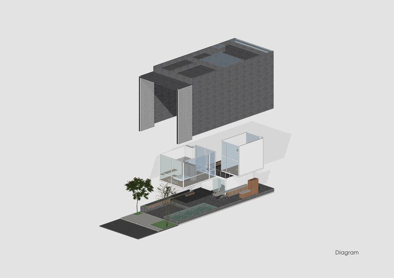 Exploded axonometric diagram with brick shell floating above transparent interior volumes and landscaped site