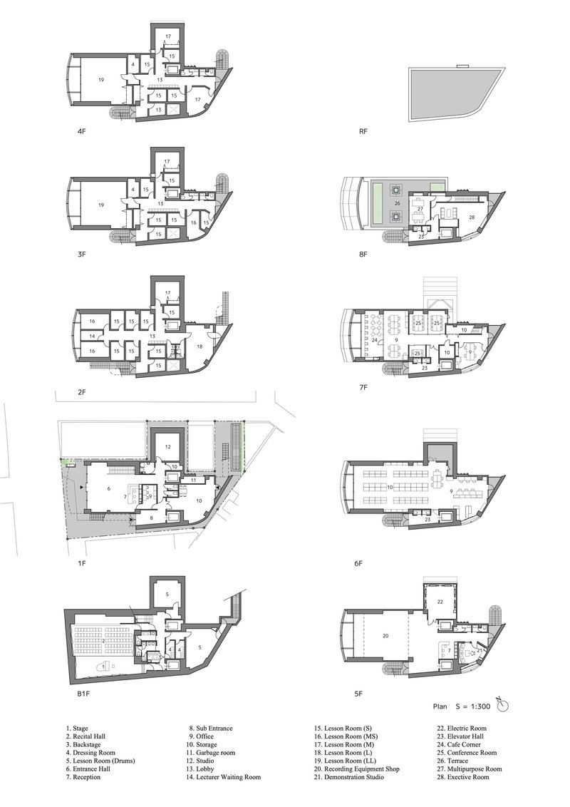 Multi-level floor plan set showing the triangular-shaped building with rooms arranged along a central corridor