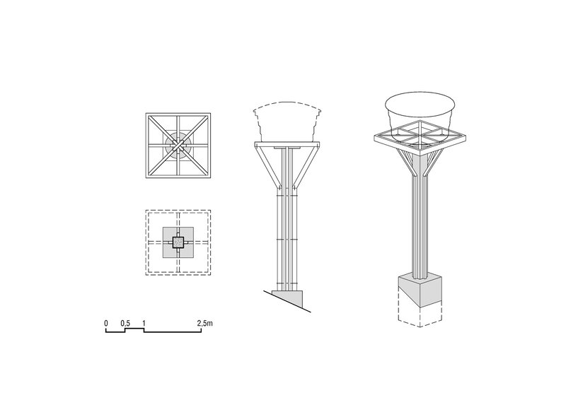 Axonometric and plan drawings of a slender column structure with flared capital and circular top