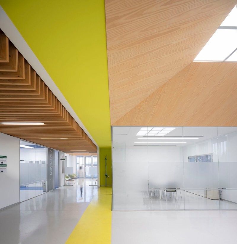 Interior corridor with yellow ceiling stripe, timber slat soffit, and skylights above a glass meeting room