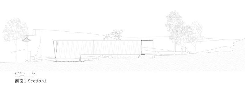 Section drawing showing a low horizontal structure with a water tower and trees in the landscape