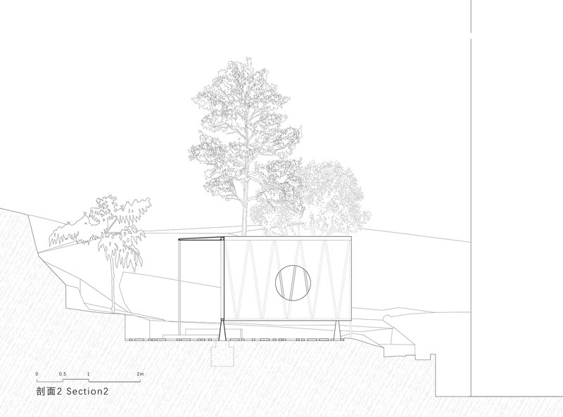 Section drawing depicting a cubic pavilion with vertical louvers and a circular window beneath a large tree