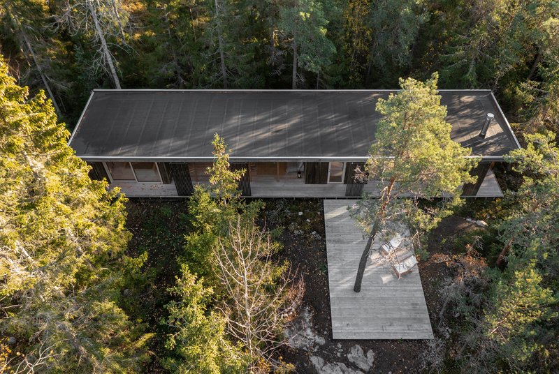 Aerial view of the gabled roof and timber boardwalk extending through the wooded site