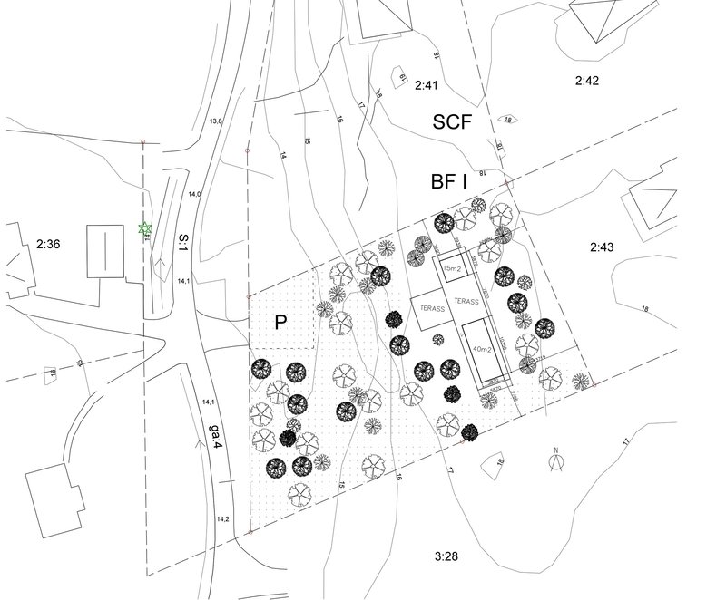 Site plan drawing showing rectangular volumes, terraces, and tree canopy symbols on sloped terrain