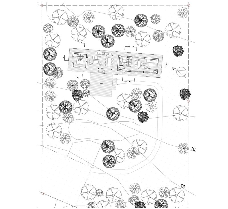 Site plan drawing showing a linear residence surrounded by scattered tree canopies and curving pathways