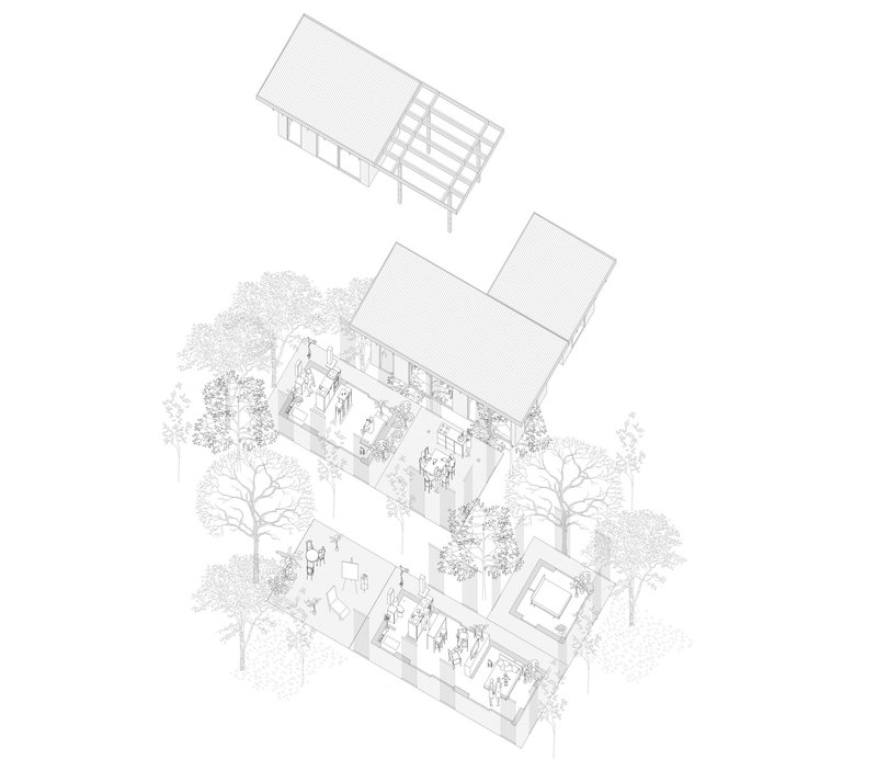 Axonometric drawing revealing sectional interior spaces of the pavilions with furnishings and figures beneath the trees