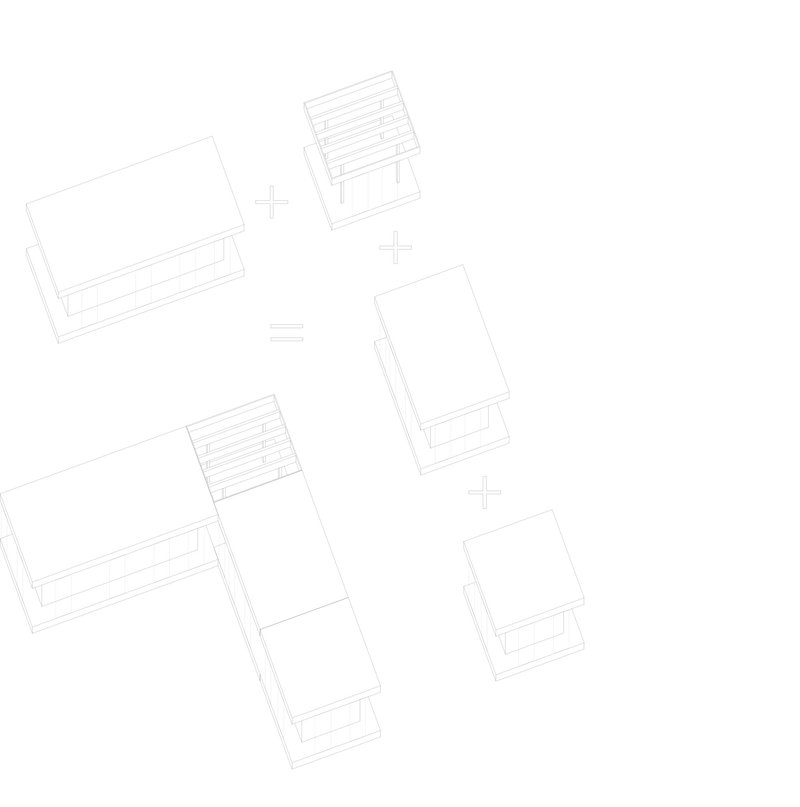 Site plan drawing showing five rectangular volumes scattered across the terrain with louvered roof elements