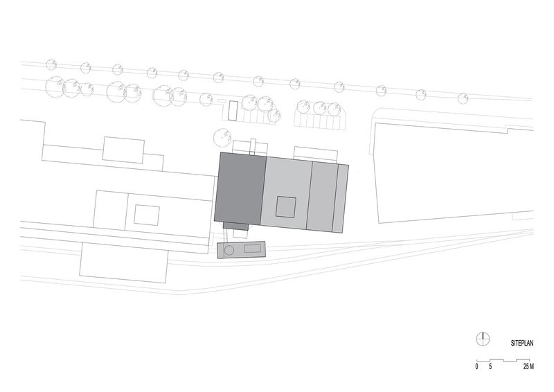 Site plan drawing showing building footprints, tree placements, and surrounding streets in context