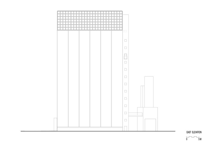 East elevation drawing depicting the tower with gridded top and neighboring structures of varying heights