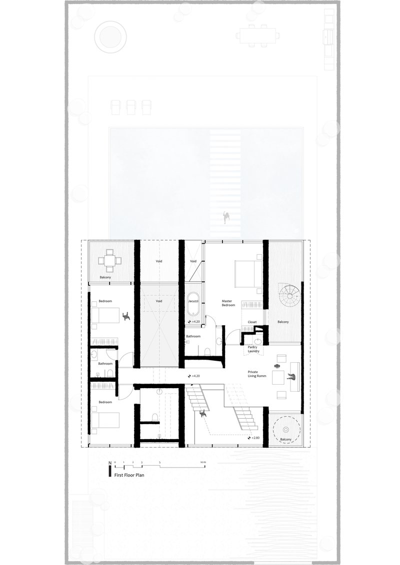First floor plan drawing showing rooms arranged around a central staircase with planted courtyards