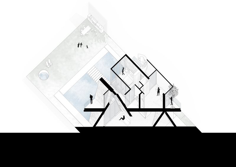Section drawing showing angled roof beams and figures occupying terraced interior spaces