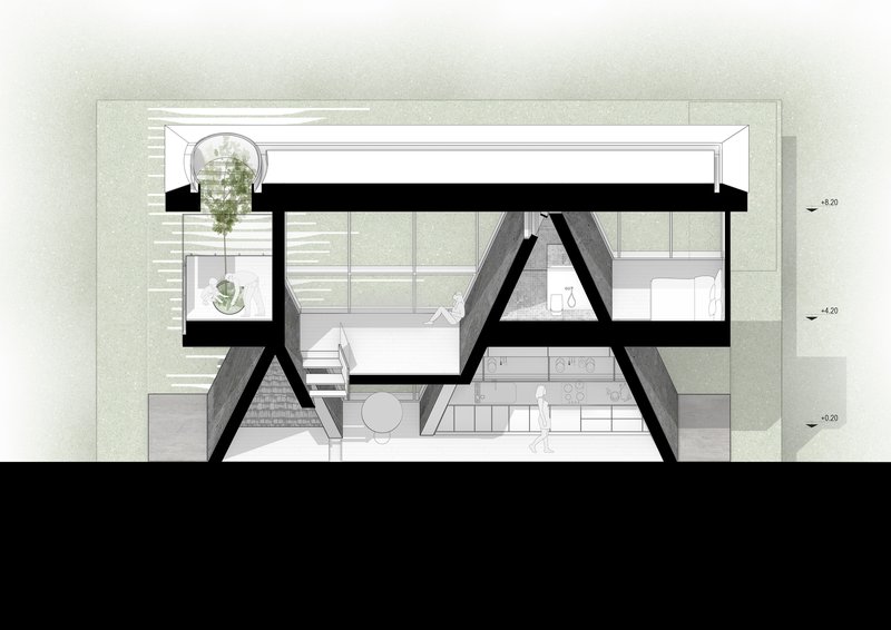 Section drawing showing diagonal structural members framing a double-height space with planted terraces