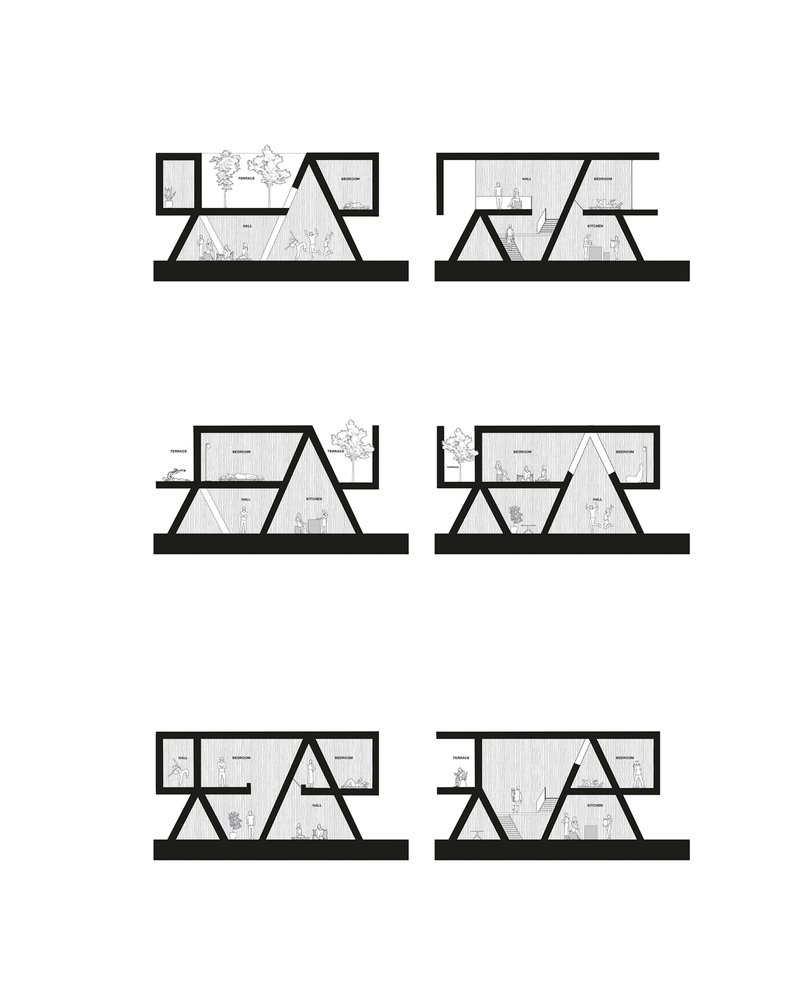 Six section drawings showing variations of angled roof structures over interior rooms with trees