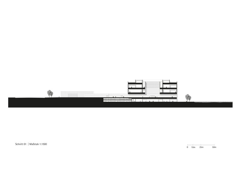 Section drawing showing two elevated building volumes connected by a transparent central element with flanking trees