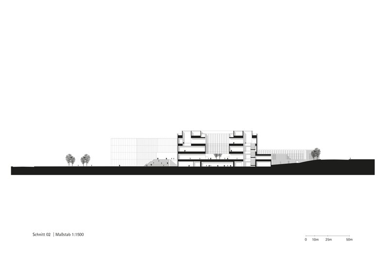 Section drawing showing multiple building volumes with terraced massing and landscape elements
