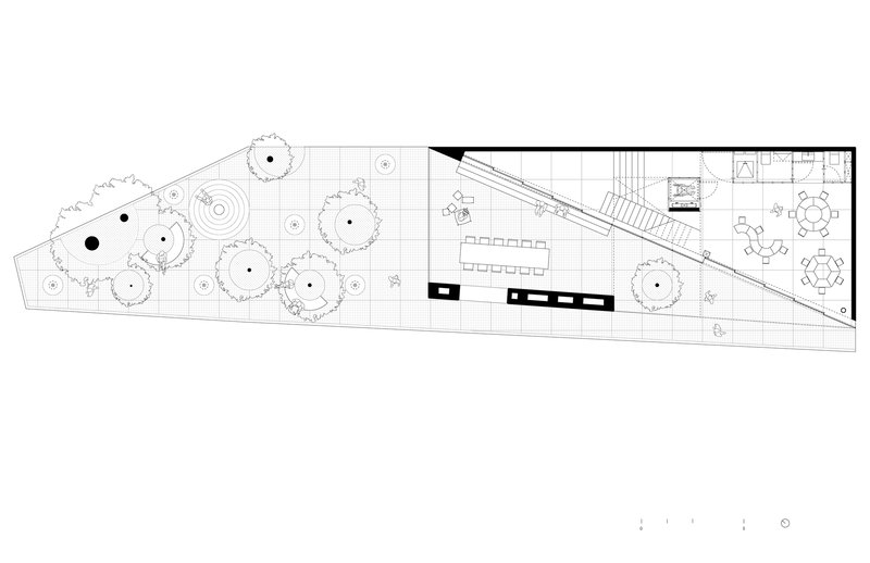Floor plan drawing showing an angled site with garden trees and interior dining and seating areas