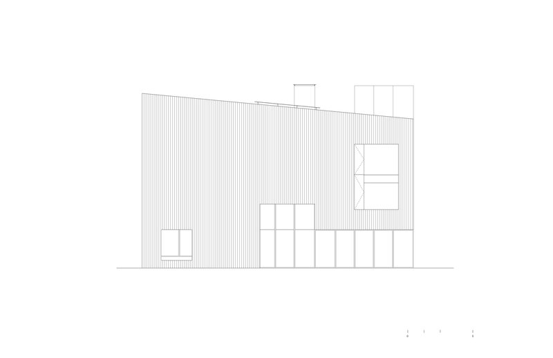 Rear elevation drawing showing vertical corrugated cladding with asymmetric window openings and ground-level openings