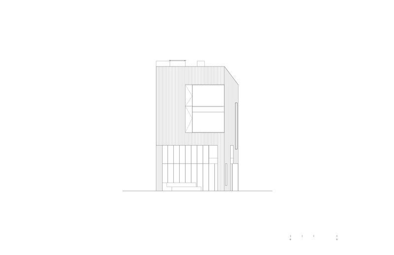Side elevation drawing showing angled roofline, vertical cladding and stacked window openings