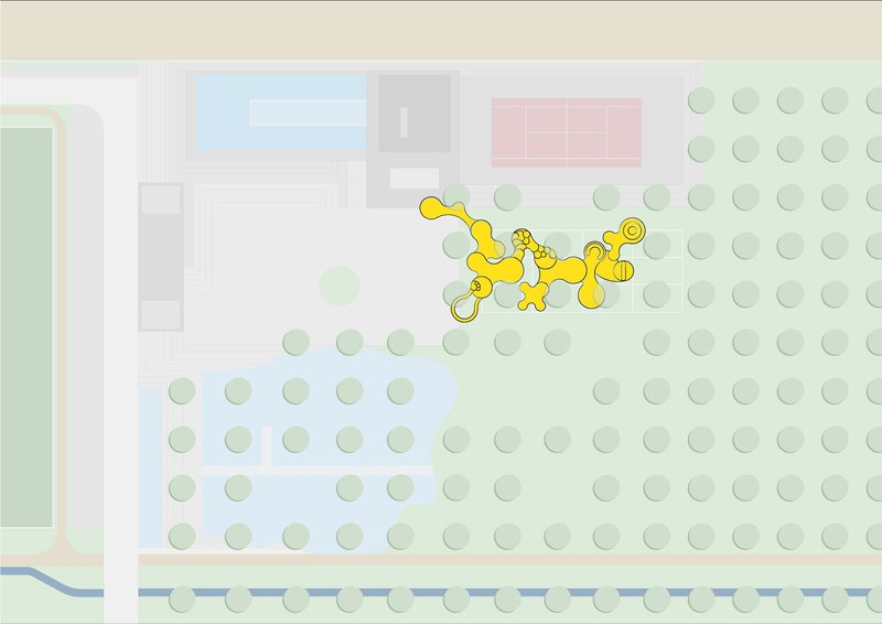 Site plan drawing showing a winding yellow pathway through a grid of circular tree plantings