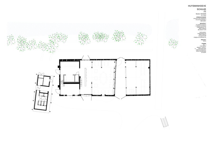 Floor plan drawing showing multiple barn volumes with surrounding tree clusters