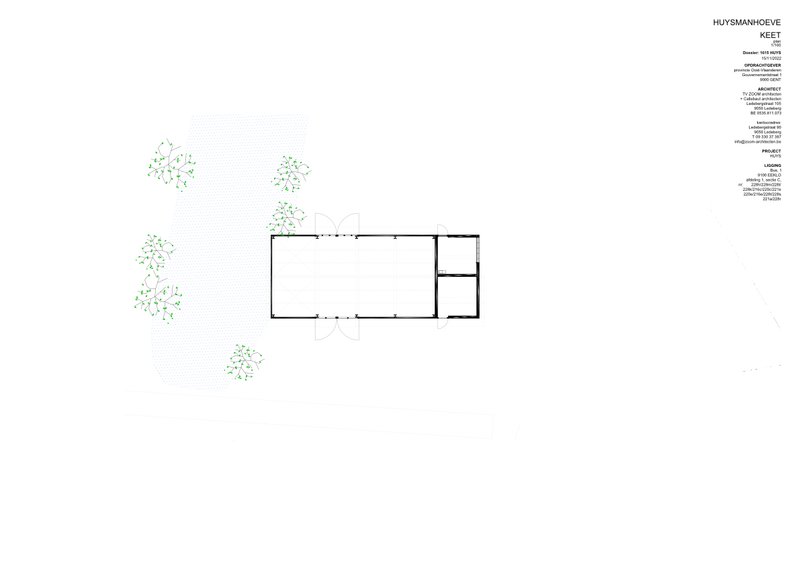 Basement floor plan drawing with surrounding tree plantings indicated in green
