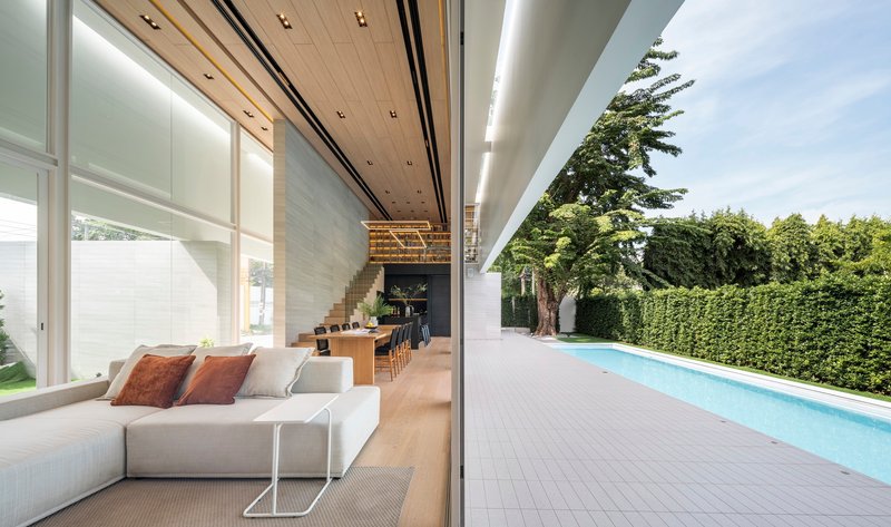 Open-plan living area with timber ceiling and outdoor pool terrace framed by mature trees and hedge