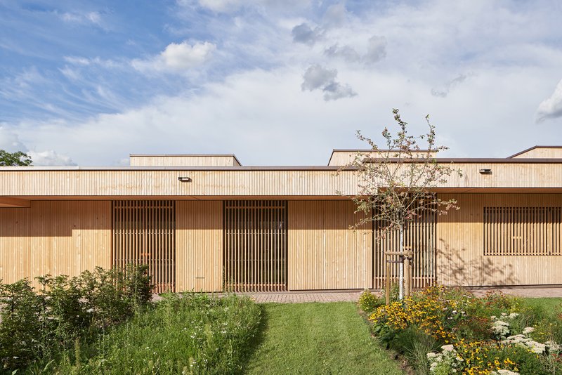 Light timber facade with vertical slatted screens and planted bed with flowering perennials