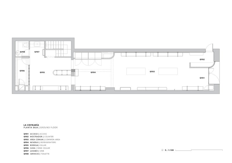 Ground floor plan showing narrow layout with cellar, common area, and service spaces along elongated bar