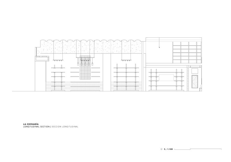 Longitudinal section drawing revealing shelving, staircase, and structural grid across multiple interior spaces