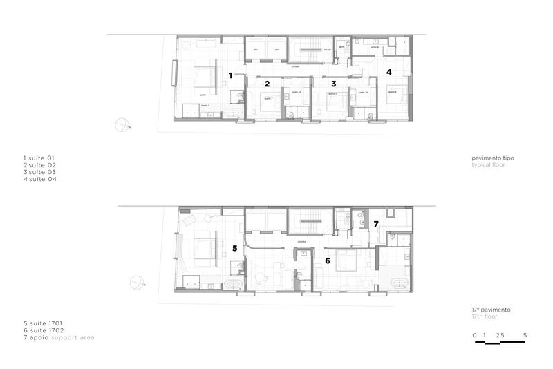 Floor plan drawings showing typical floor with multiple suites and seventeenth floor with two suites