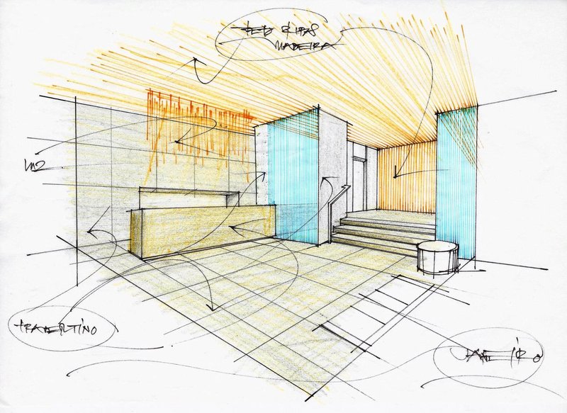 Perspective sketch showing reception desk, tiled floor, timber ceiling, and stairs with blue accent wall