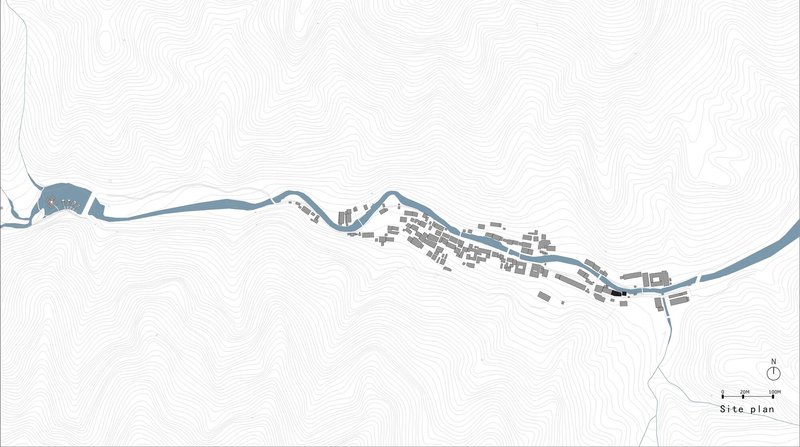 Site plan drawing with topographic contour lines showing the building footprint along a curving road