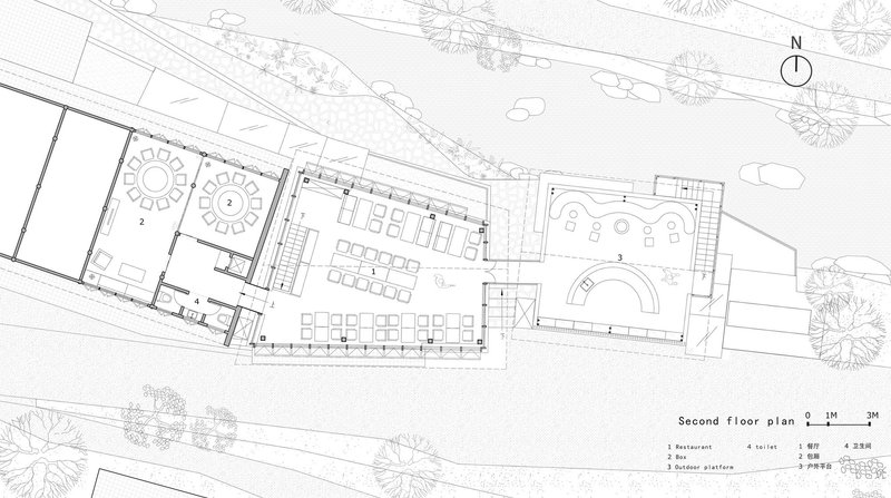 Second floor plan drawing showing dining areas, service spaces, and an arched performance or gathering hall